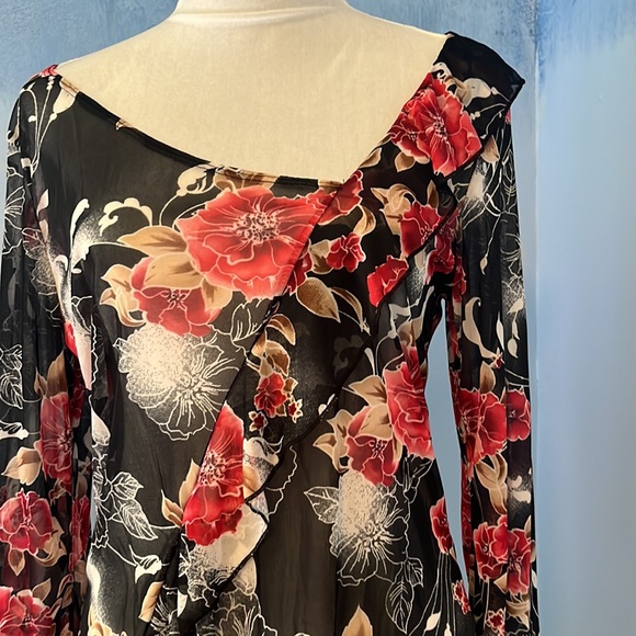 Black sheer blouse with red and black flowers and tan accents. Size Large, $14 - Picture 2 of 6